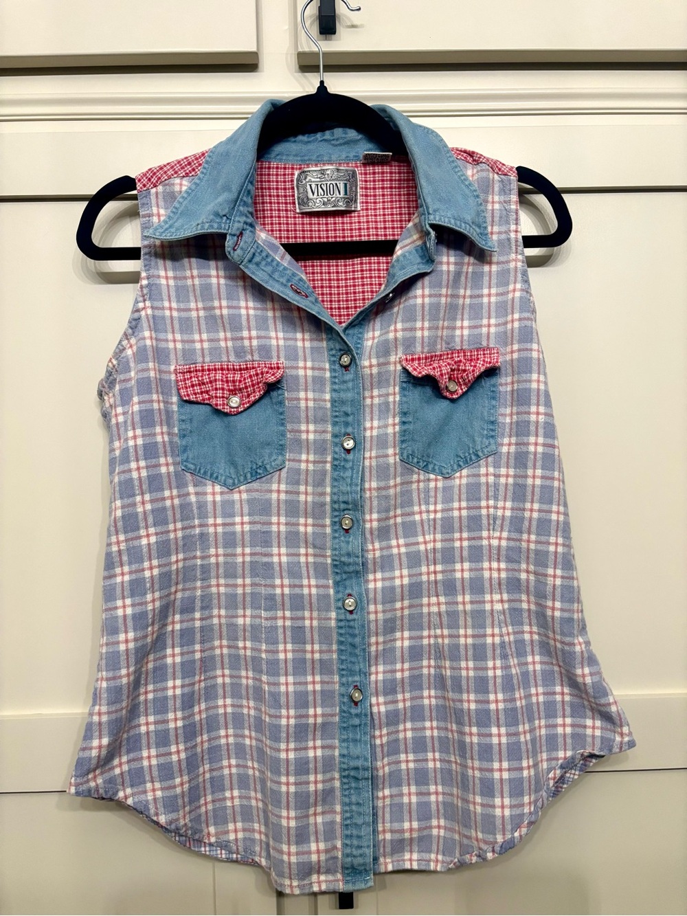 Vintage 90s Western Denim Plaid Gingham Cowgirl Sleeveless Shirt Size L
